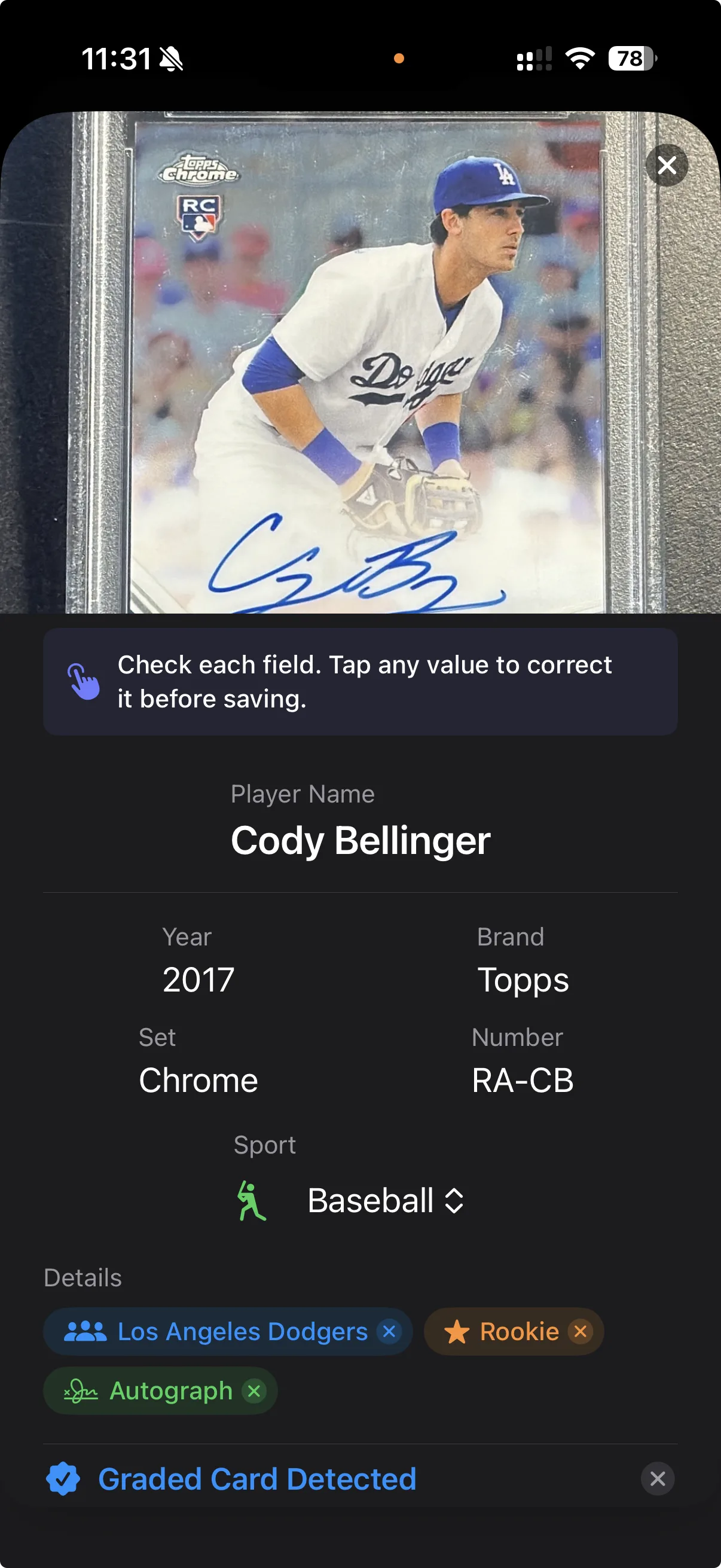 FTH scanning a graded card and filling in the player, year, brand, and set.