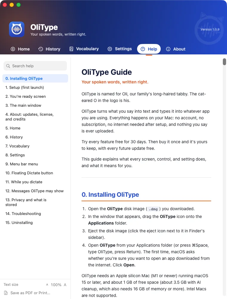 OliType Help: the full guide built into the app, with search.