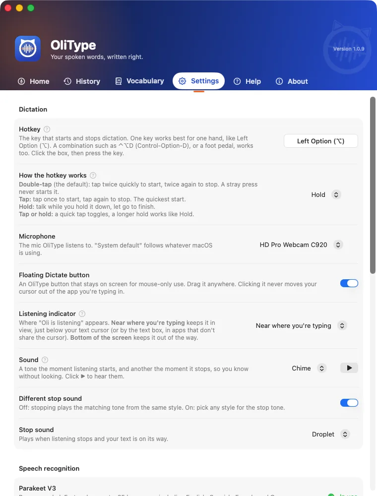 OliType Settings: the hotkey, how it works, microphone, sounds, and speech recognition.