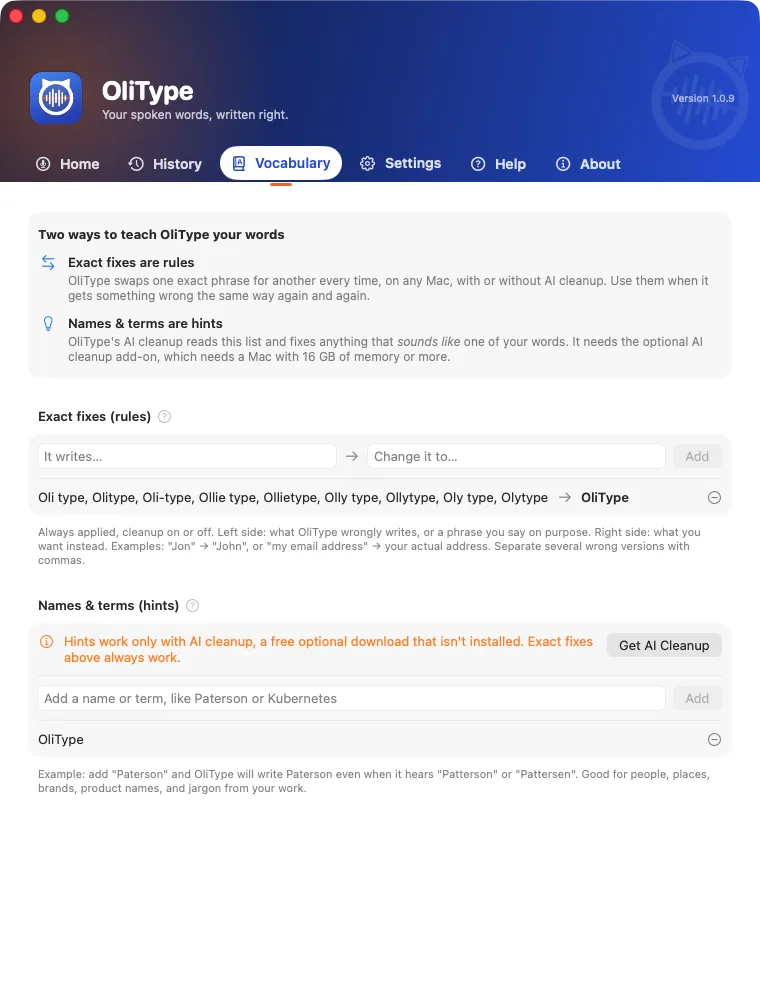 OliType Vocabulary: exact word fixes, then a list of names and terms.