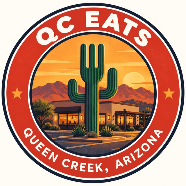 The QC Eats emblem: a saguaro cactus in front of a restaurant at sunset, ringed by "QC Eats, Queen Creek, Arizona."